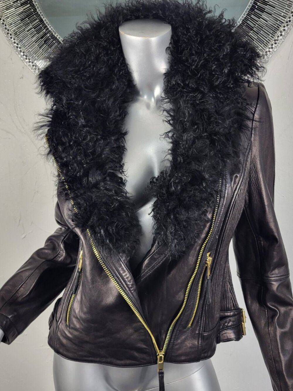 WILSON'S~M~BLACK GENUINE LEATHER REAL MONGOLIAN CURLY LAMB FUR MOTO JACKET COAT - Picture 4 of 16